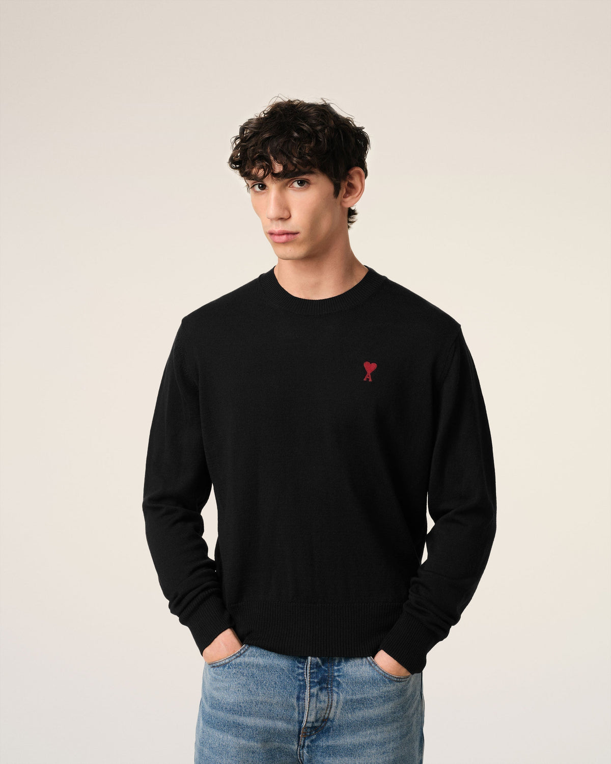Black Wool Ami de Coeur Crew Neck Sweater