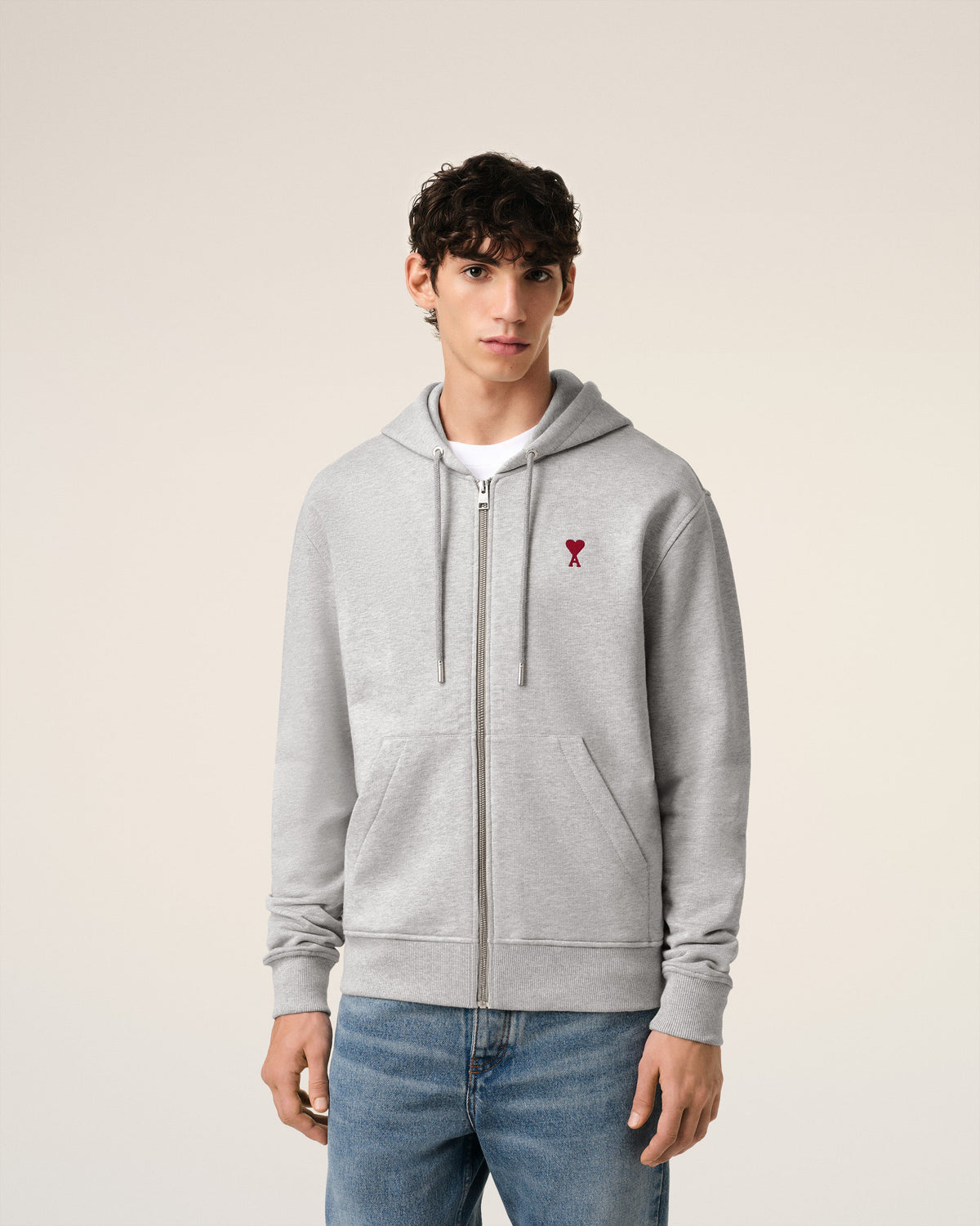 Grey Cotton Ami de Coeur Zipped Hoodie