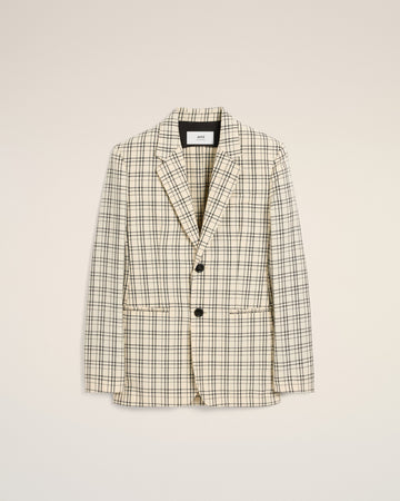 Beige Checked Wool Semi-Lined Jacket