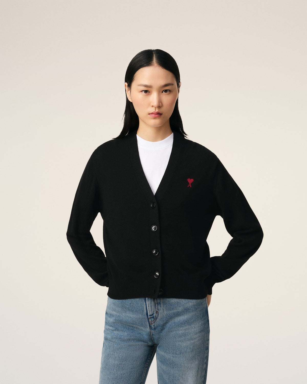 Black Wool Red Ami de Coeur Cardigan