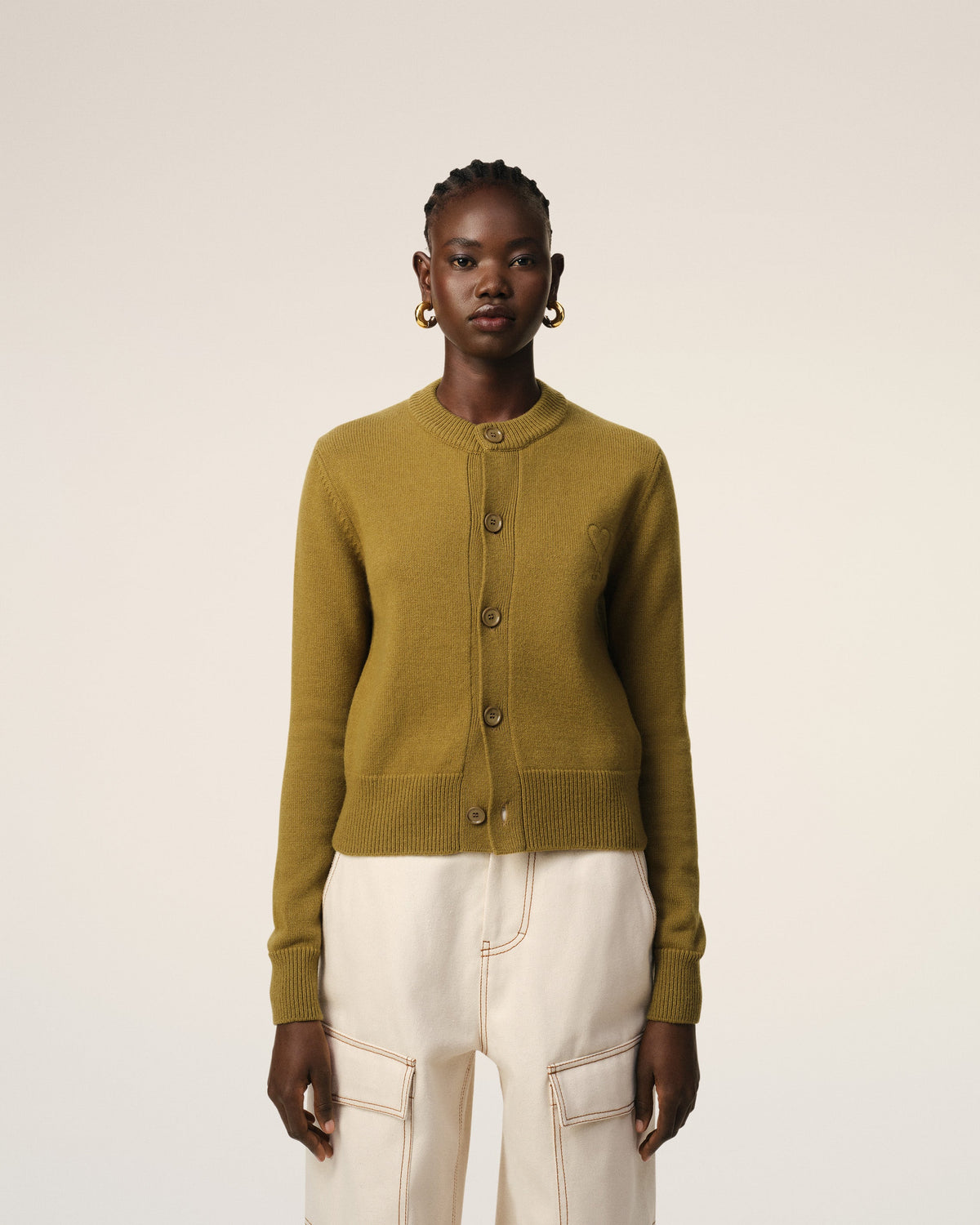 Khaki Wool Knit Ami de Coeur Crewneck Cardigan
