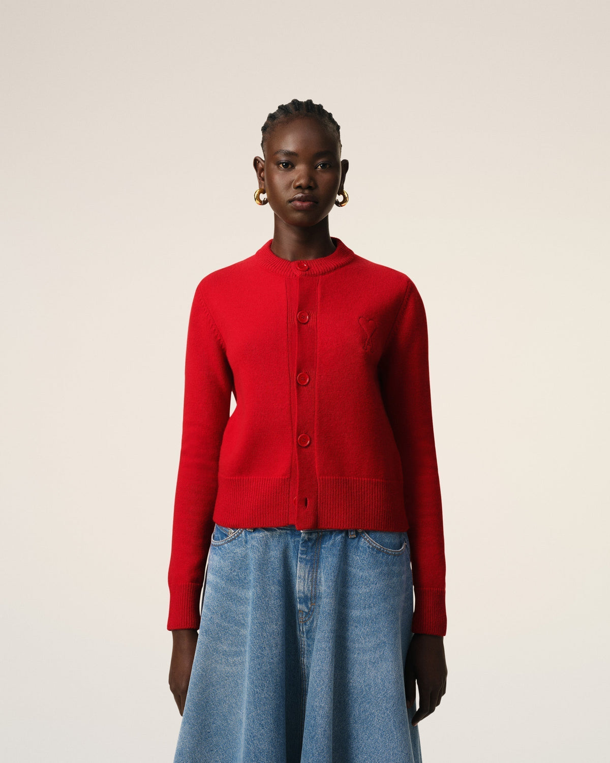 Red Wool Knit Ami de Coeur Crewneck Cardigan
