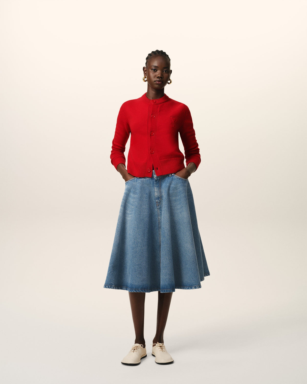 Red Wool Knit Ami de Coeur Crewneck Cardigan