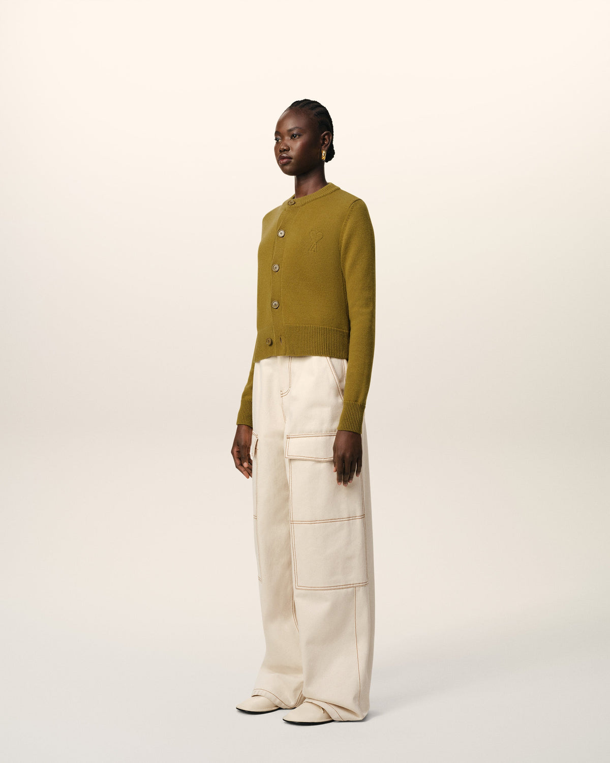 Khaki Wool Knit Ami de Coeur Crewneck Cardigan