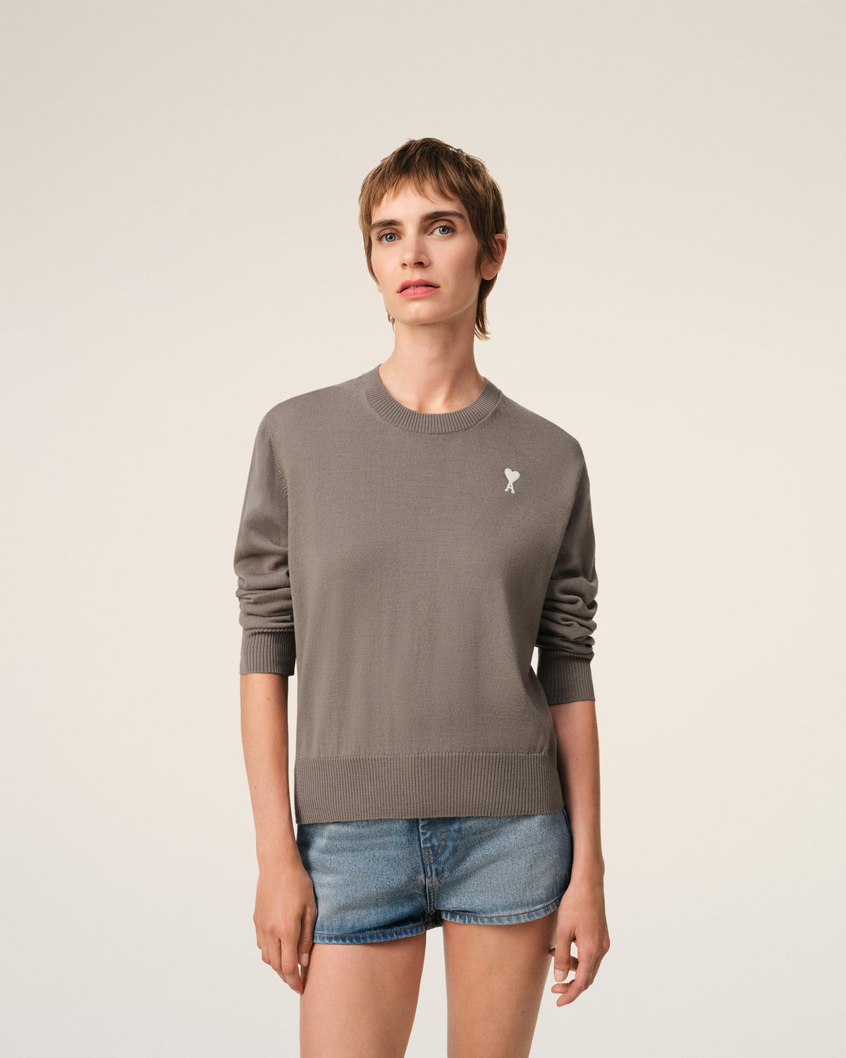 Beige Wool Ami de Coeur Crew Neck Sweater