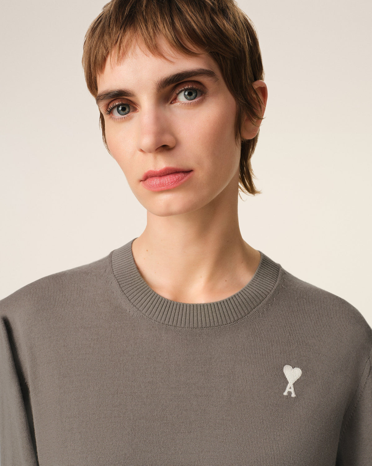Beige Wool Ami de Coeur Crew Neck Sweater