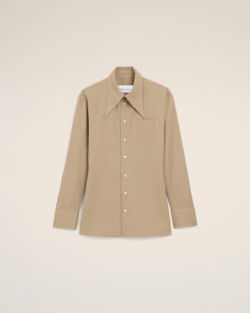 Beige Cotton Sharp Collar Fitted Shirt