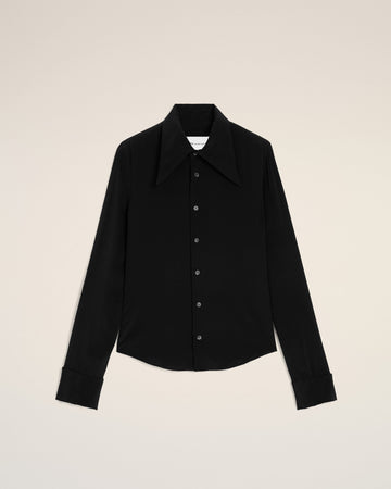 Black Blended Silk Sharp Collar Adjusted Shirt