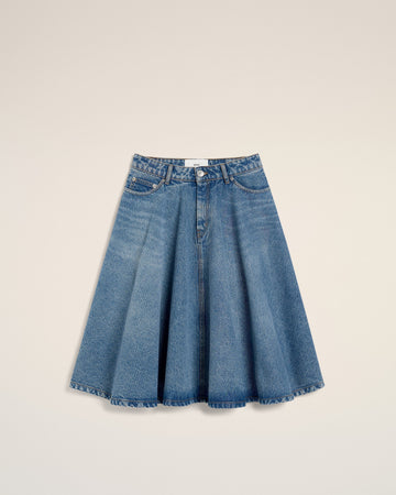 Blue Cotton Midi Skirt With Godets