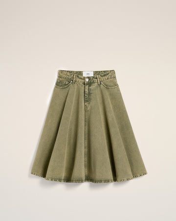 Green Cotton Midi Skirt With Godets