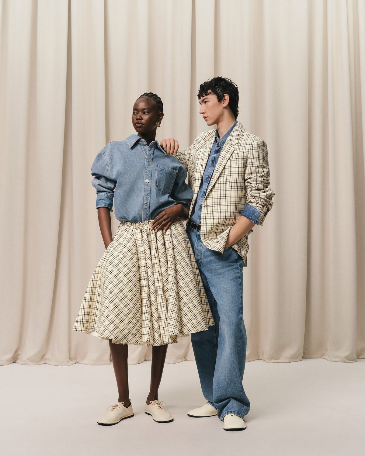 Beige Checked Wool Skirt With Godets