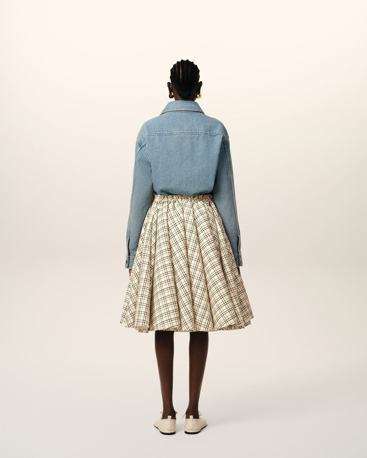 Beige Checked Wool Skirt With Godets