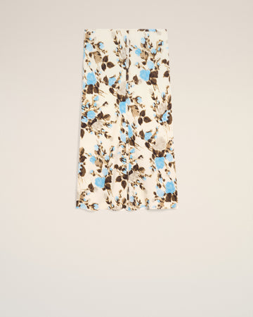 Blue Flower Printed  Raw Edges Details Midi Skirt