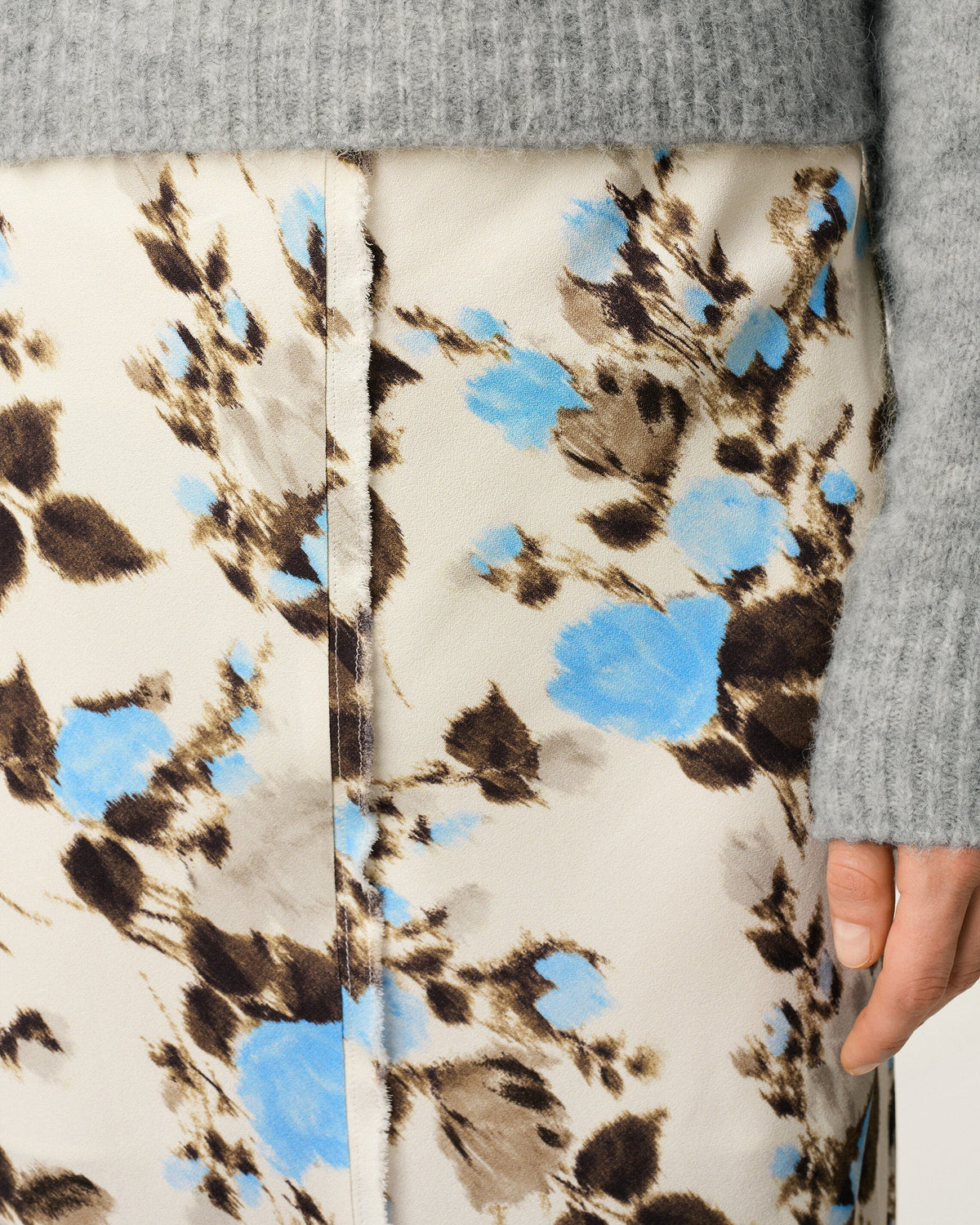 Blue Flower Printed  Raw Edges Details Midi Skirt