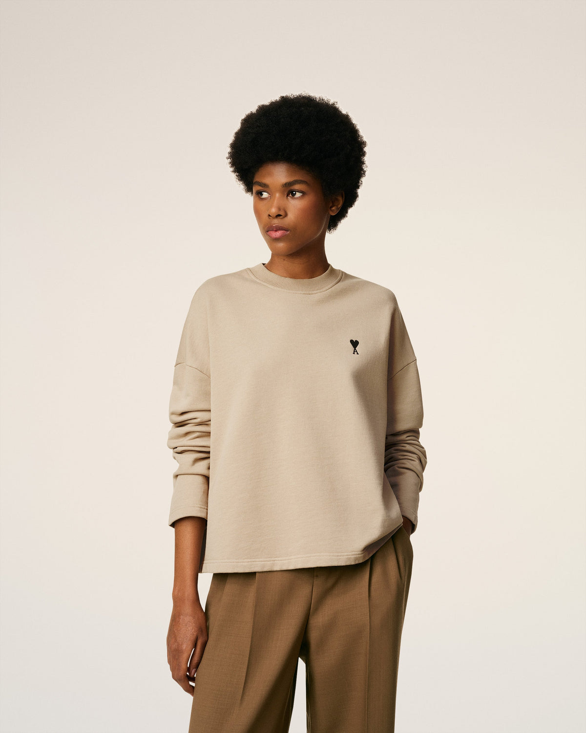 Beige Cotton Contrasted Ami De Coeur Sweatshirt