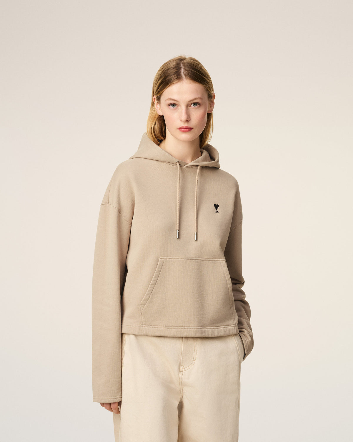 Beige Cotton Contrasted Ami De Coeur Hoodie