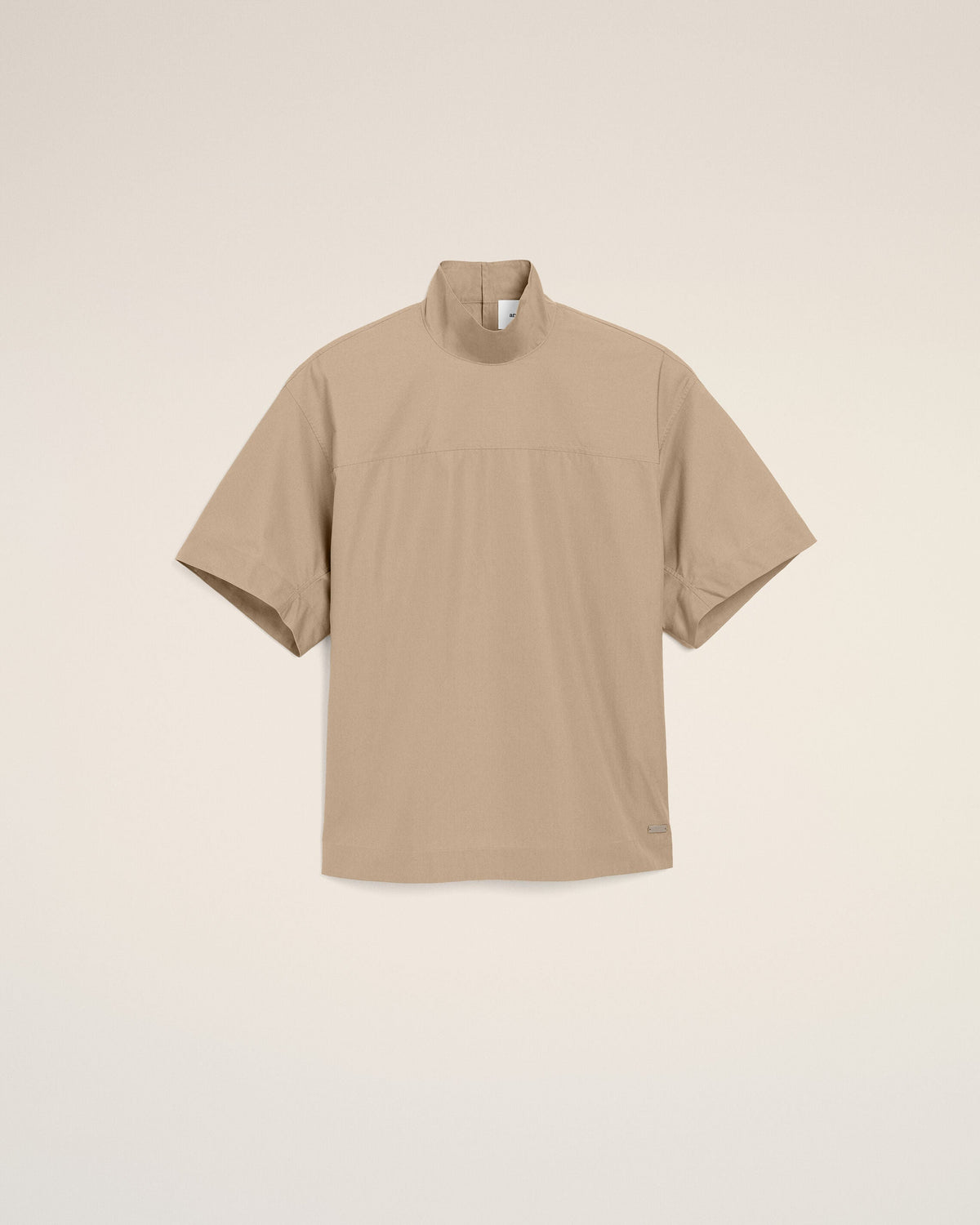Beige Cotton Stand Up Collar Buttoned Top