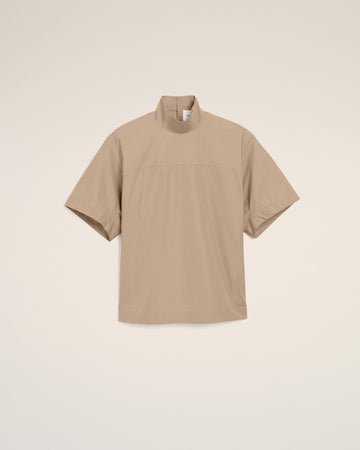 Beige Cotton Stand Up Collar Buttoned Top