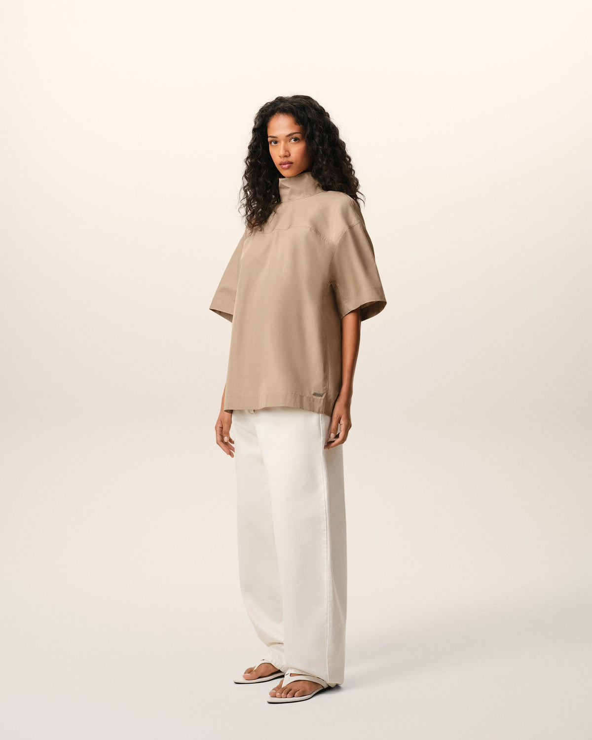 Beige Cotton Stand Up Collar Buttoned Top