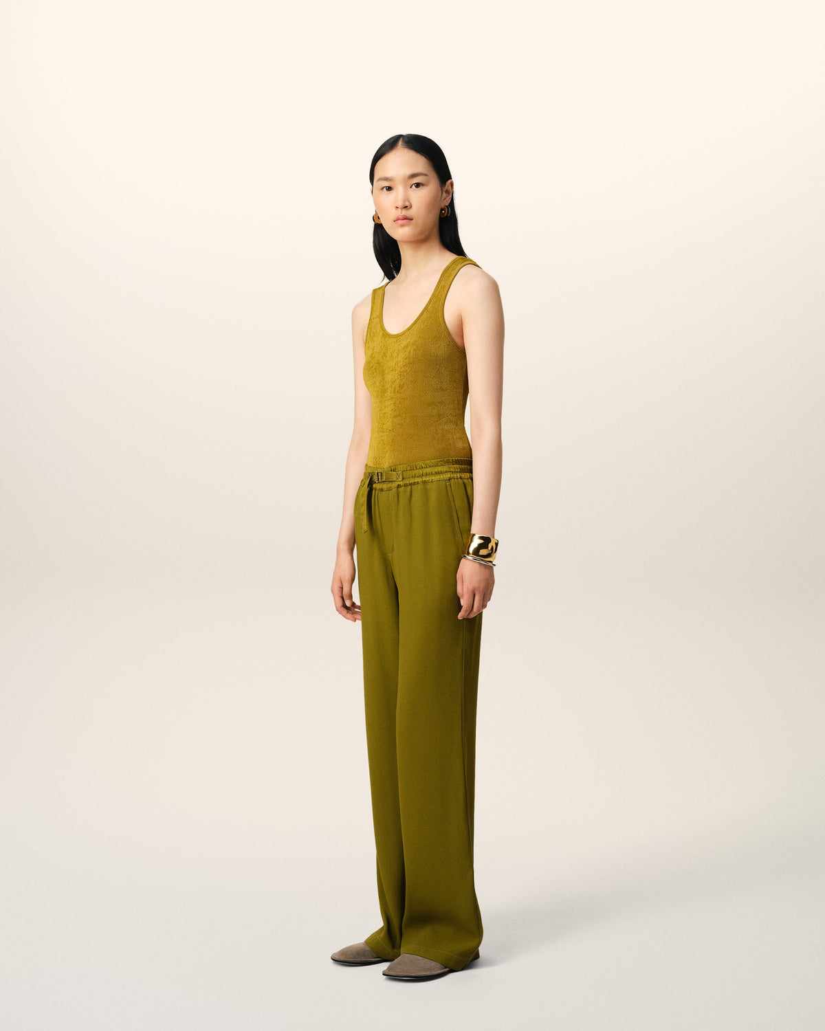 Khaki Flare Fit Elasticated Trousers