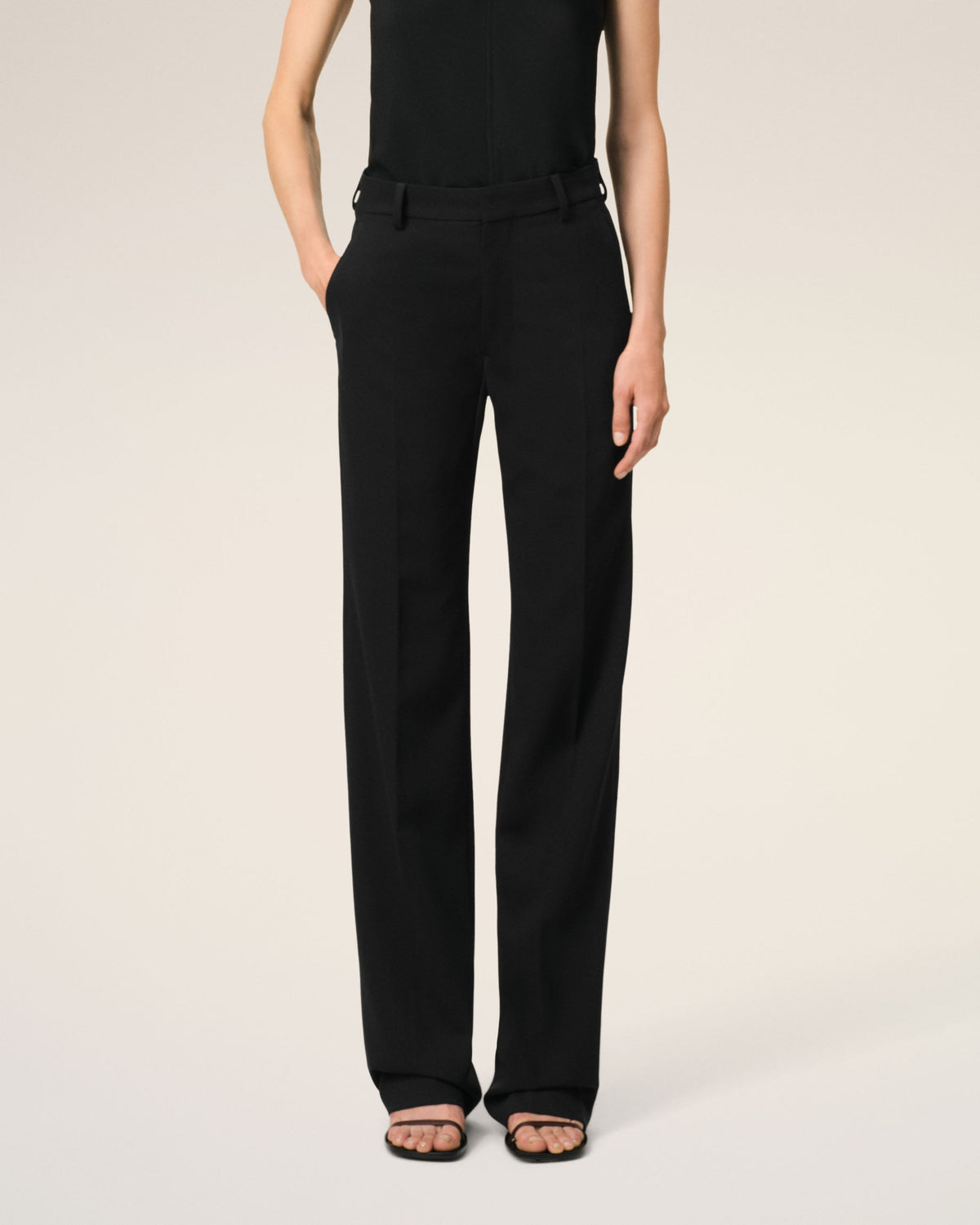 Black Wool Contrasted Straight Trousers