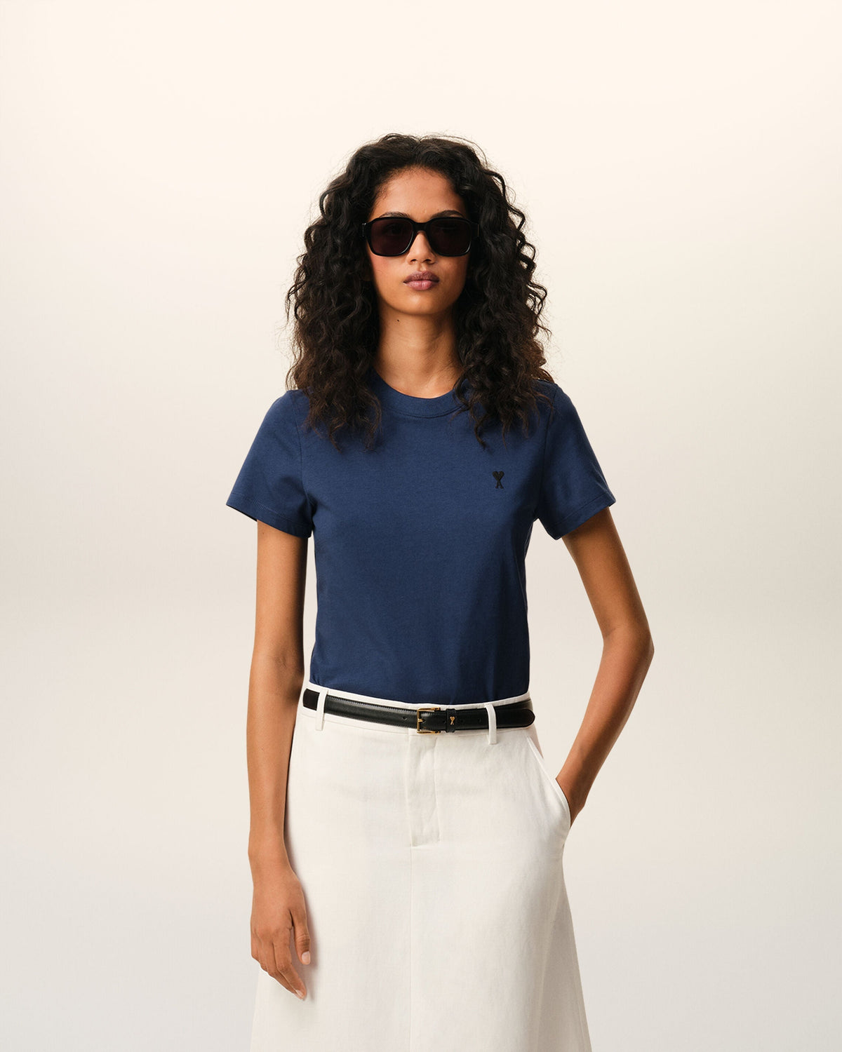 Blue Cotton Ami De Coeur Cropped T-shirt