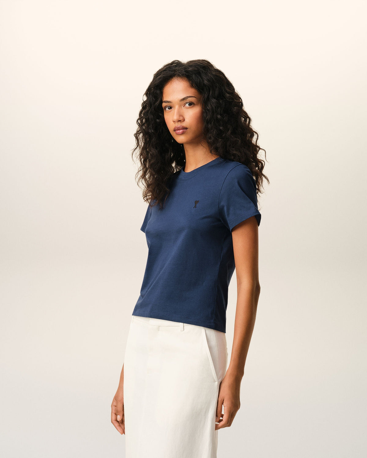 Blue Cotton Ami De Coeur Cropped T-shirt