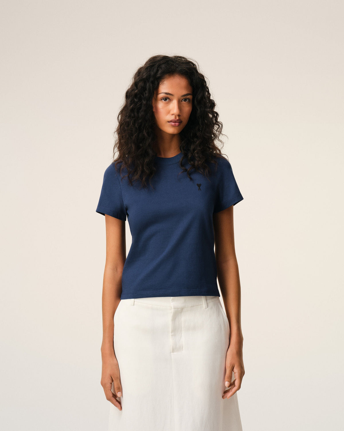 Blue Cotton Ami De Coeur Cropped T-shirt