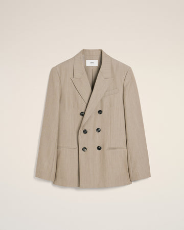 Beige Wool Back Slit Double Breasted Jacket