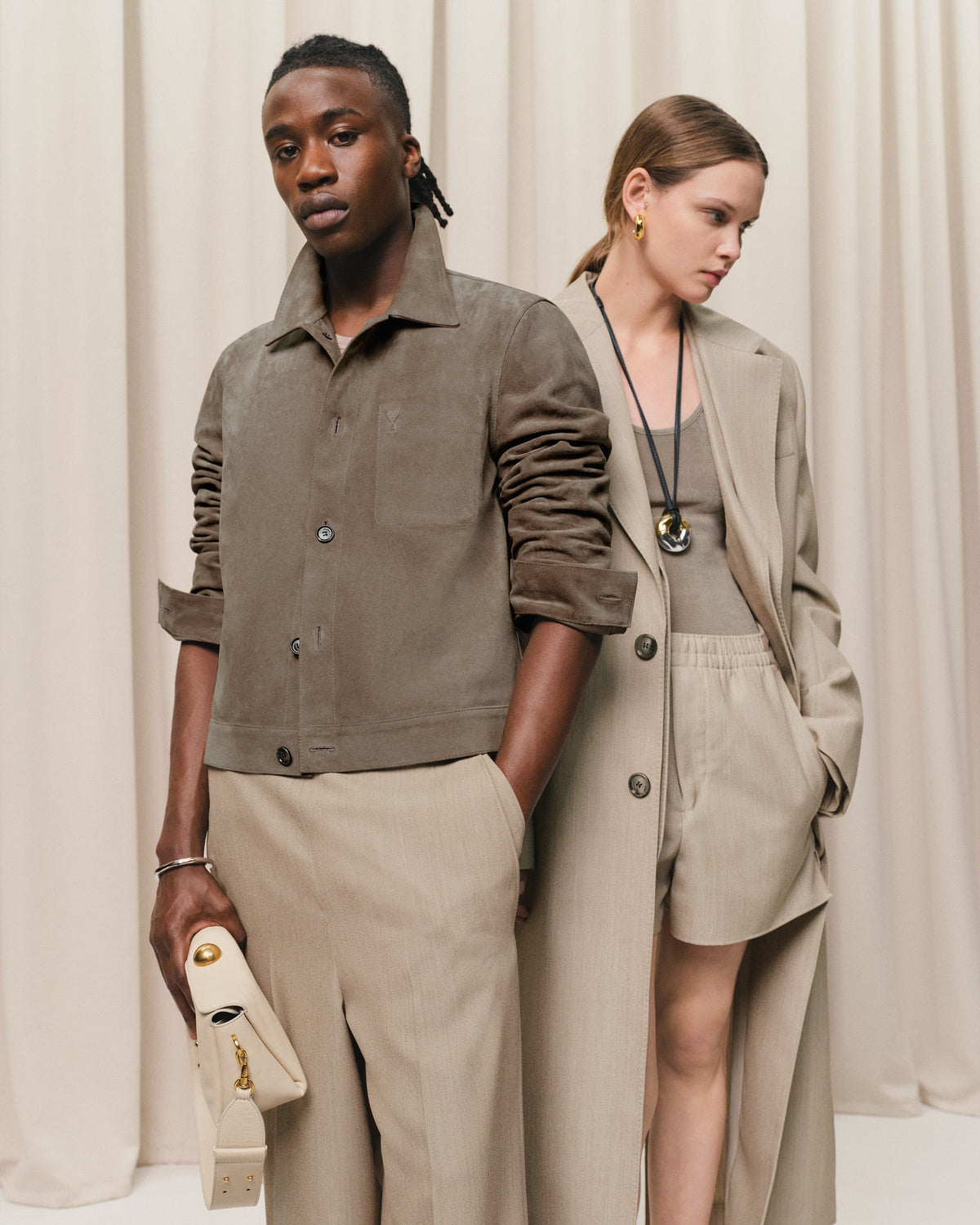 Beige Leather Buttoned Jacket