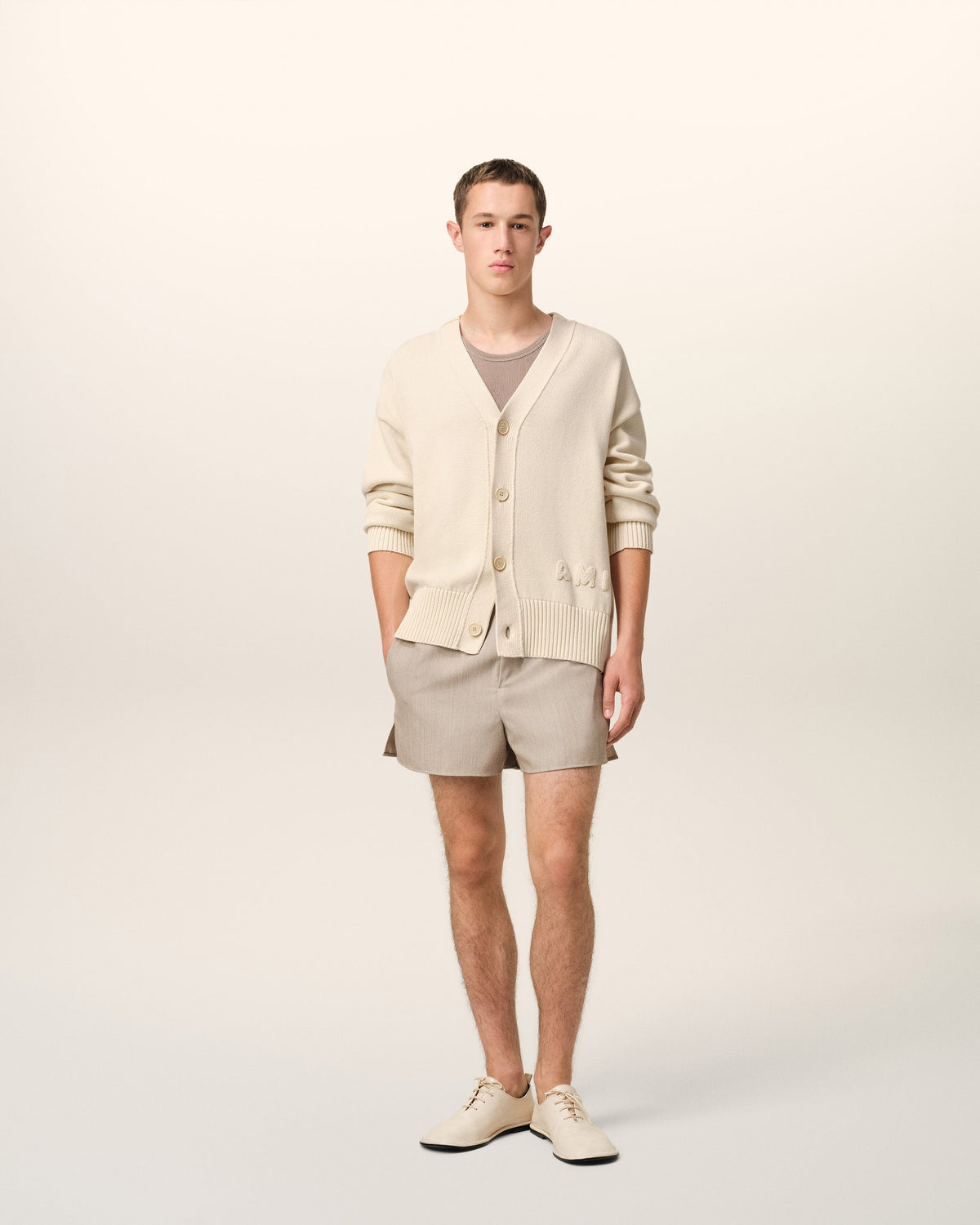 Beige Cotton Wool Ami Embroidered Cardigan
