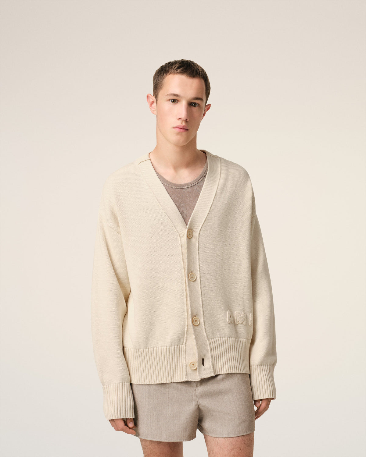 Beige Cotton Wool Ami Embroidered Cardigan