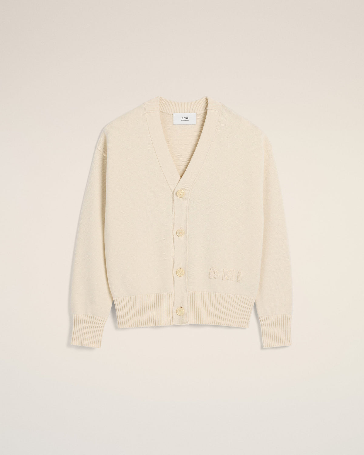 Beige Cotton Wool Ami Embroidered Cardigan