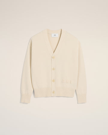 Beige Cotton Wool Ami Embroidered Cardigan