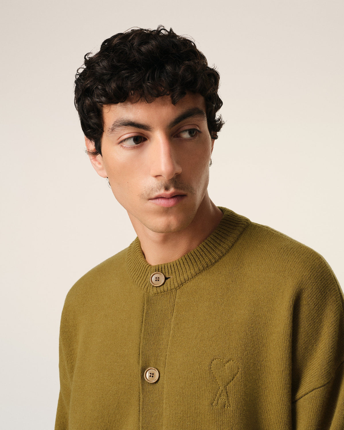 Khaki Wool Knit Ami de Coeur Crewneck Cardigan