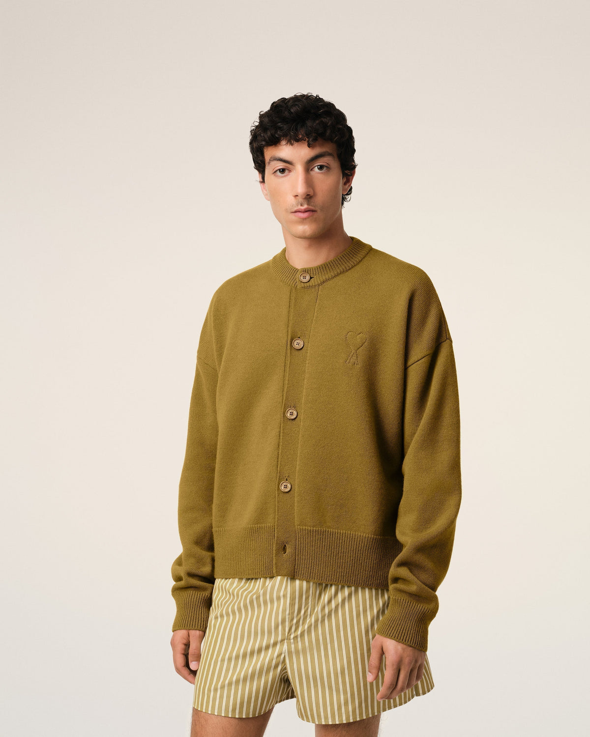 Khaki Wool Knit Ami de Coeur Crewneck Cardigan