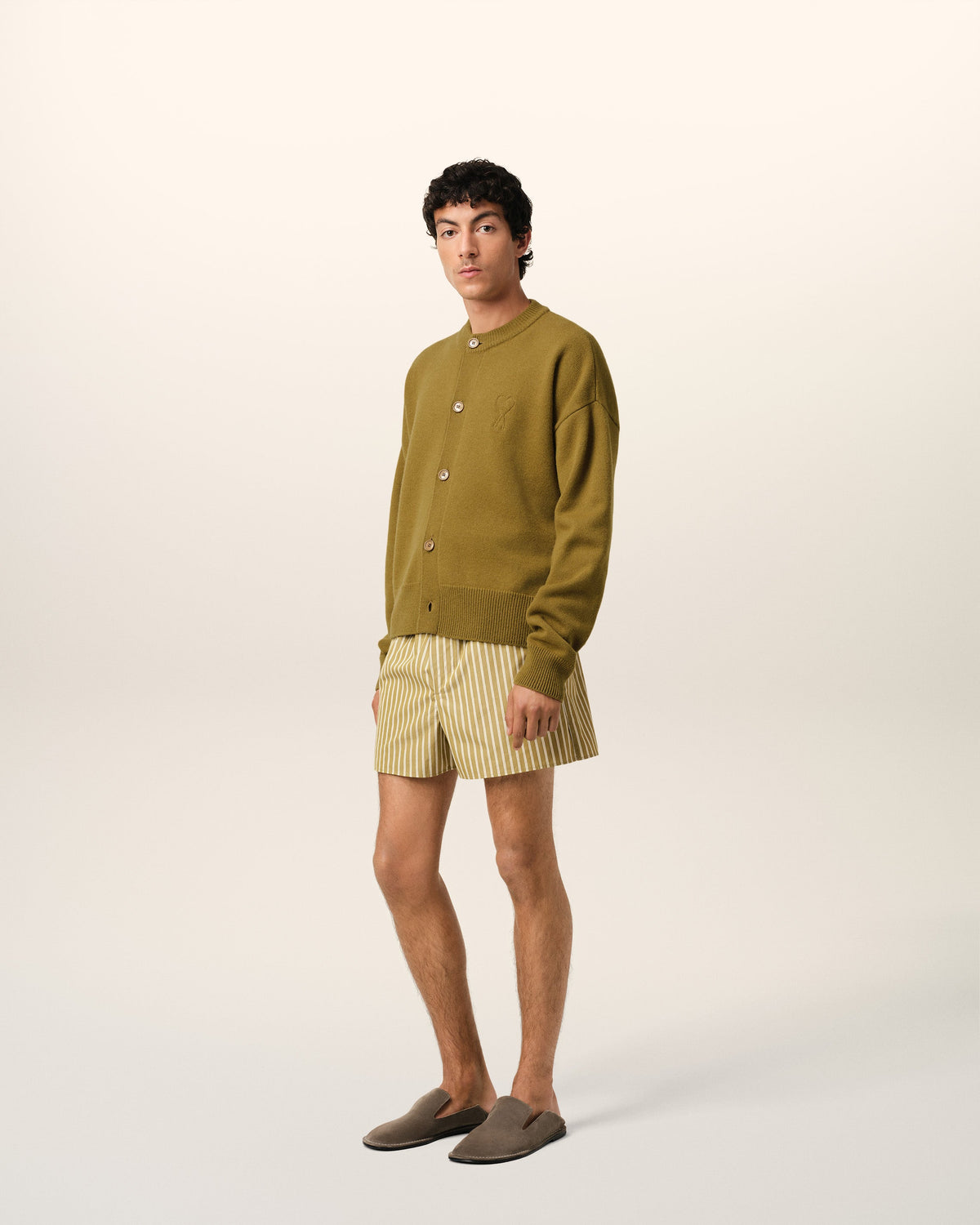 Khaki Wool Knit Ami de Coeur Crewneck Cardigan