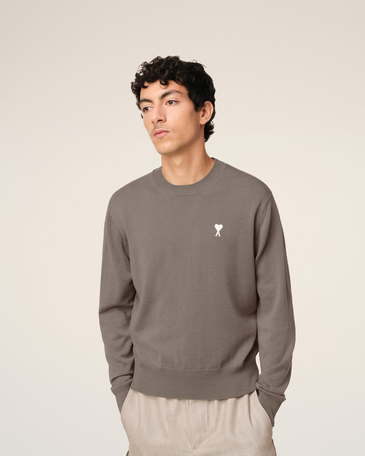 Beige Wool Ami de Coeur Crew Neck Sweater