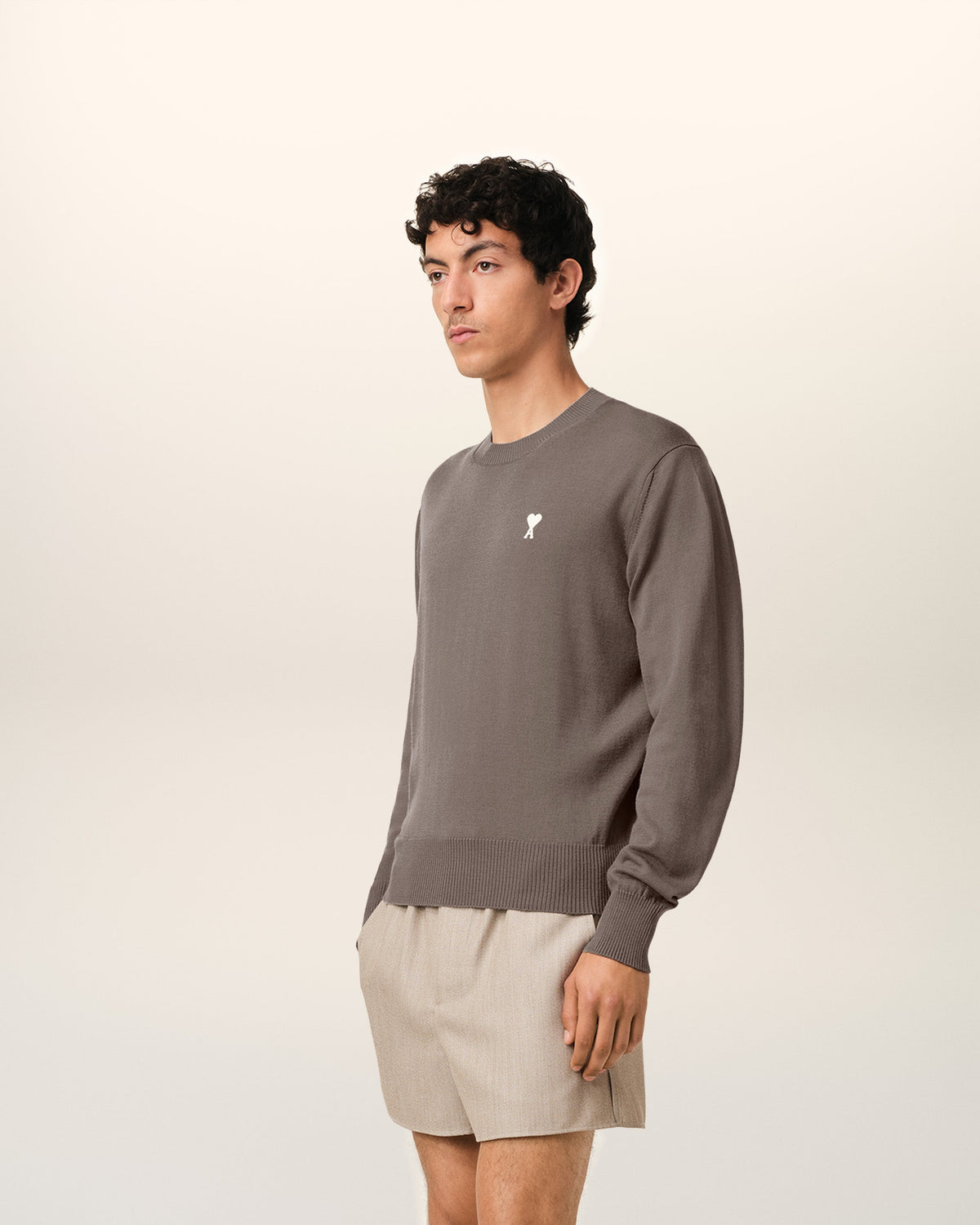 Beige Wool Ami de Coeur Crew Neck Sweater