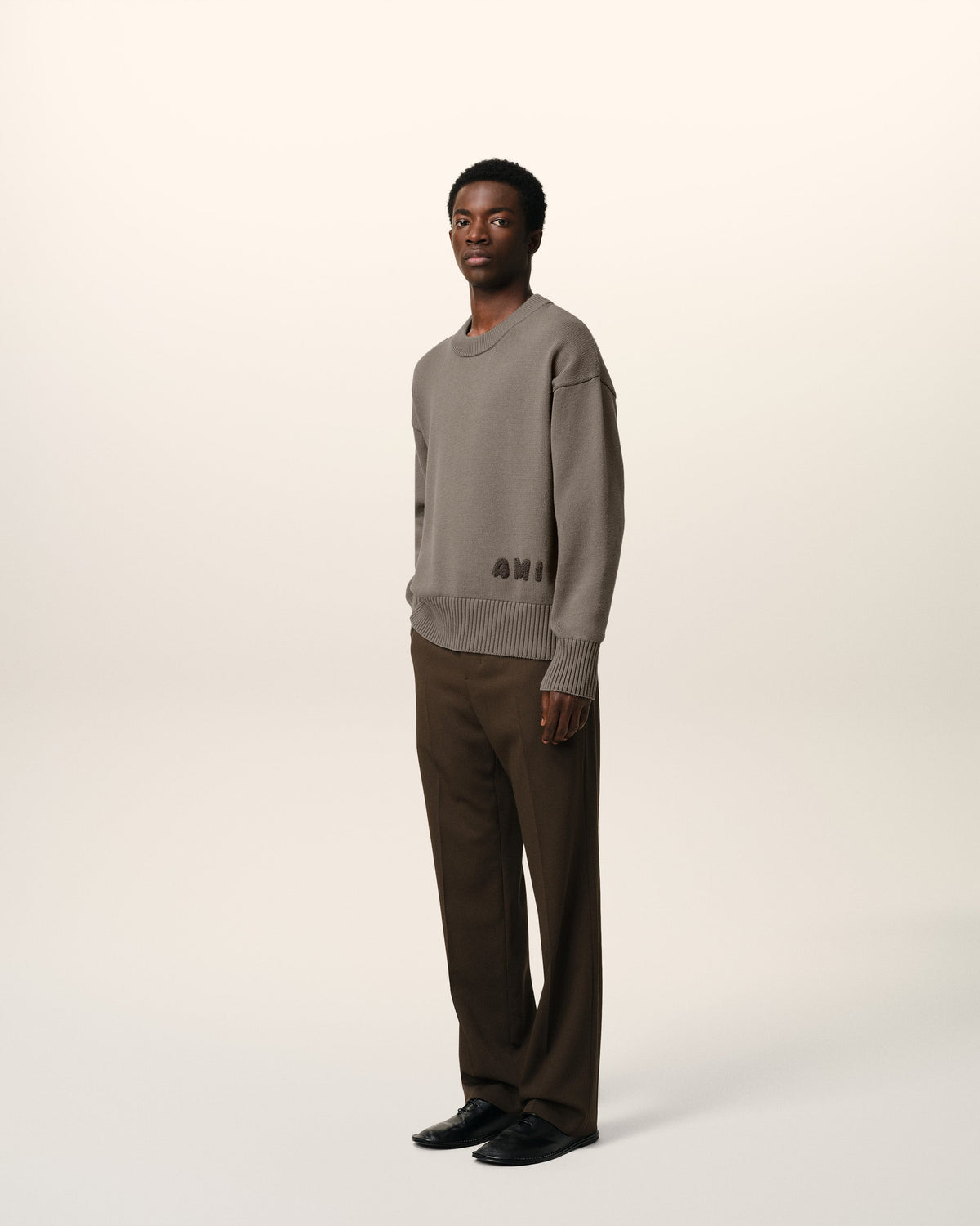 Beige Cotton Ami Embroidered Crewneck Sweater