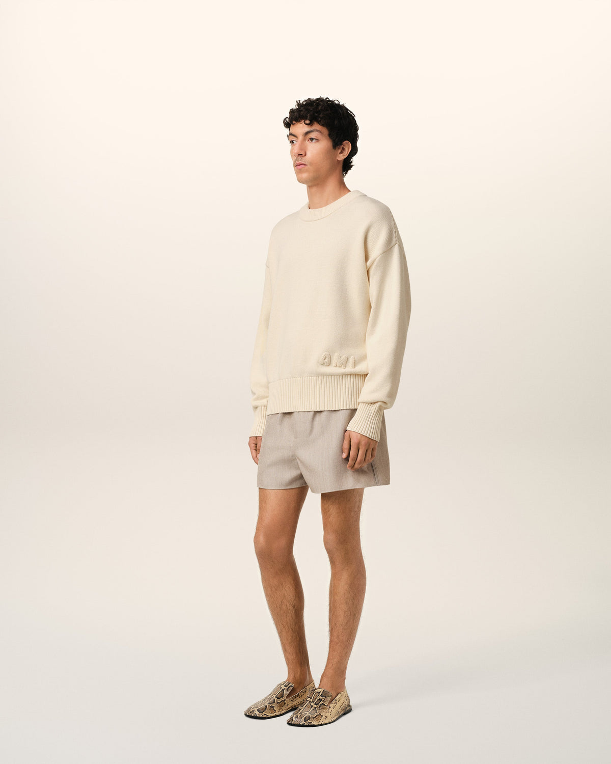 Beige Cotton Ami Embroidered Crewneck Sweater