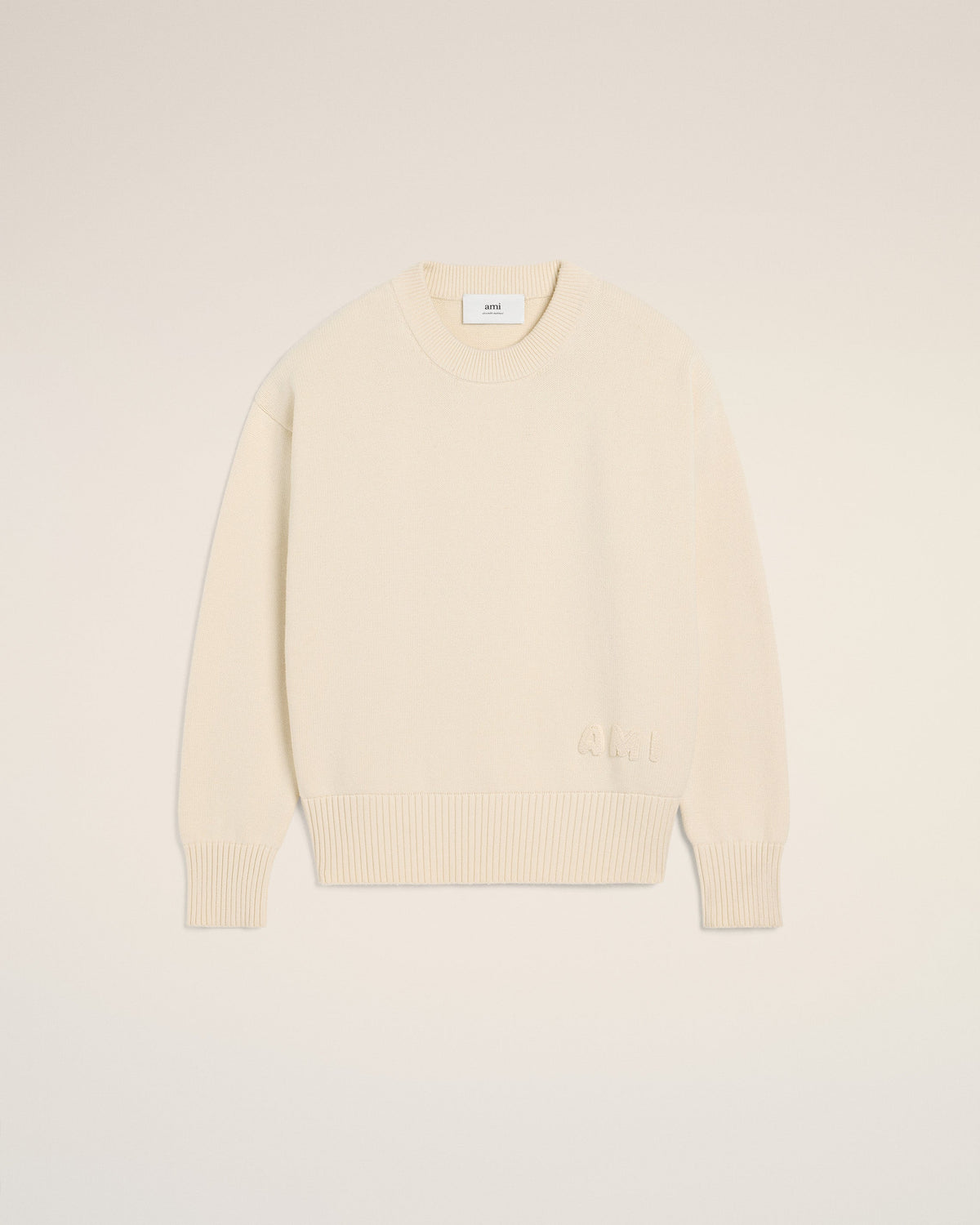 Beige Cotton Ami Embroidered Crewneck Sweater
