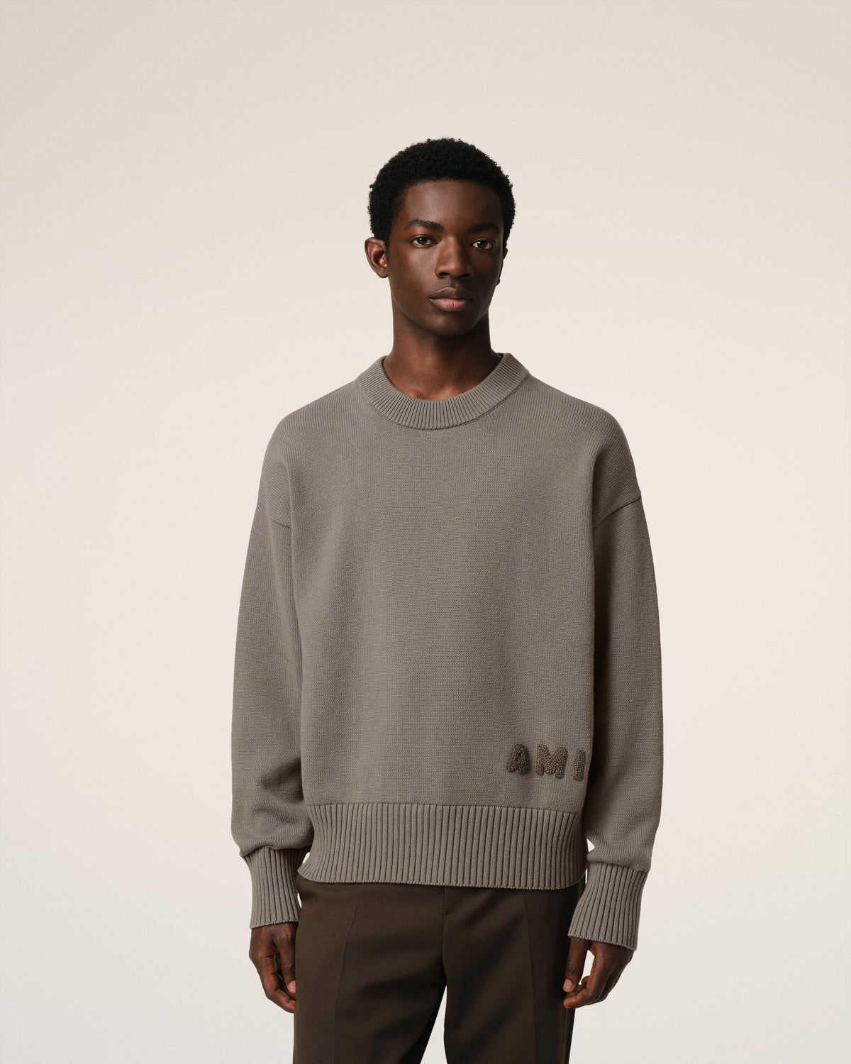 Beige Cotton Ami Embroidered Crewneck Sweater