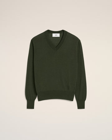 Green Wool Tonal V Neck Sweater