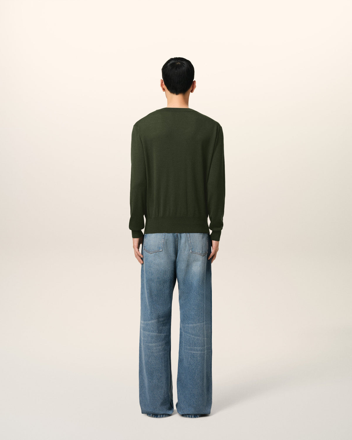 Green Wool Tonal V Neck Sweater