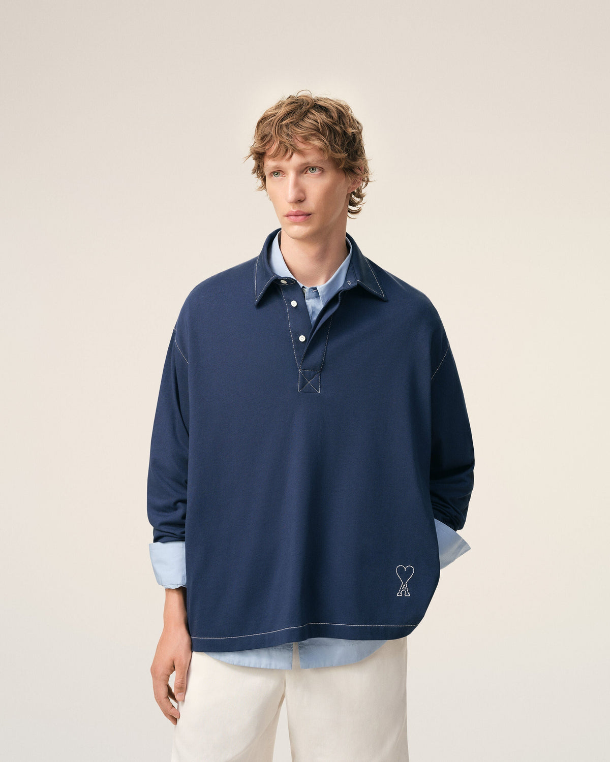 Blue Cotton Long Sleeves Ami De Coeur Polo