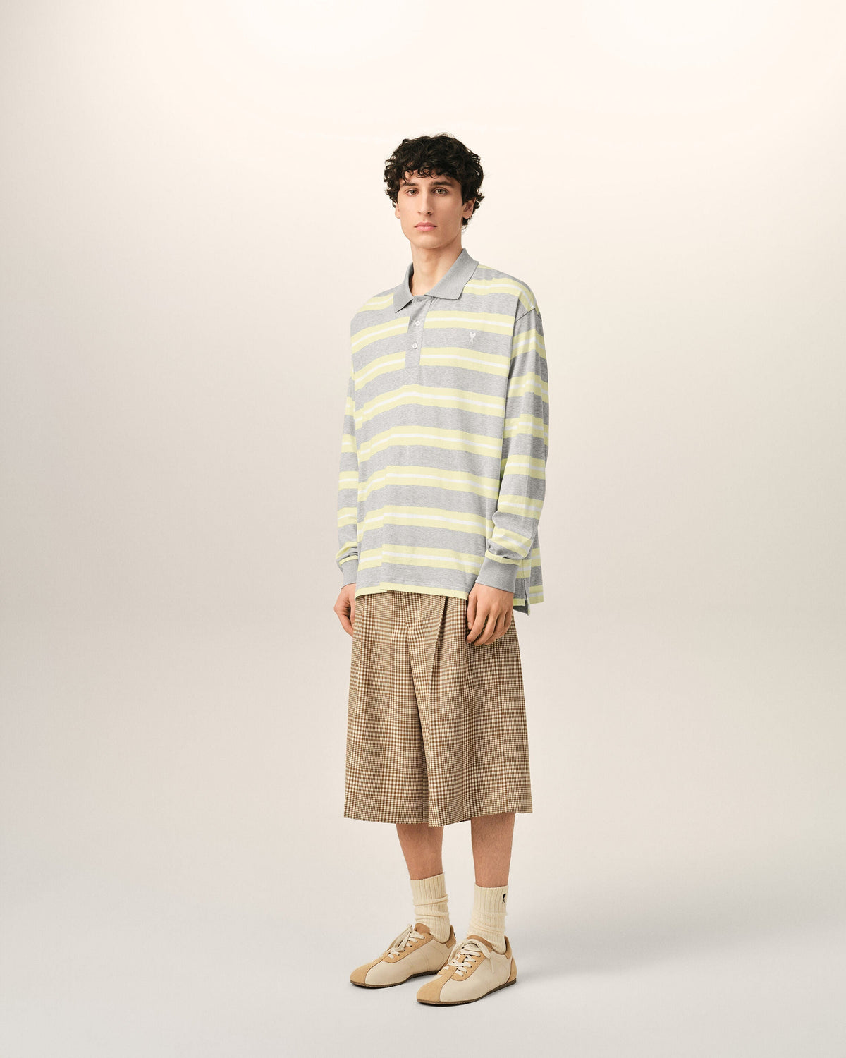 Grey And Yellow Strapped Cotton Polo
