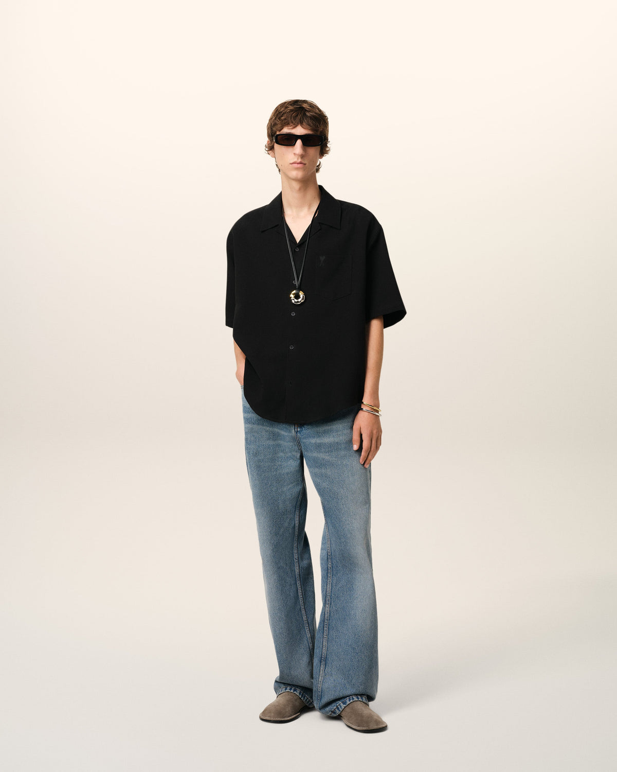 Black Cotton Camp Collar Short Sleeves Shirt