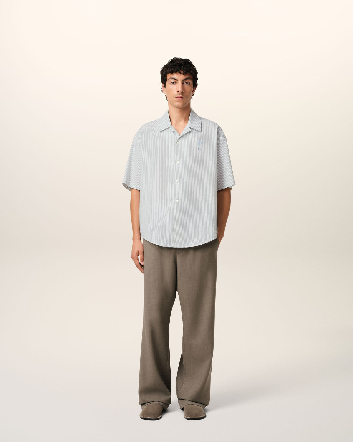 Blue Cotton Camp Collar Short Sleeves Shirt