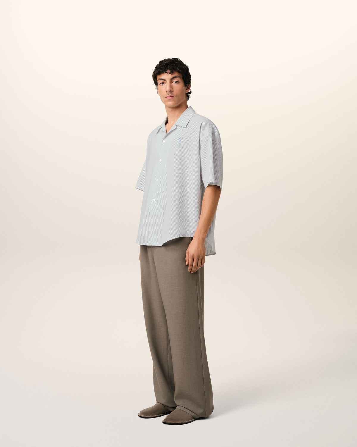 Blue Cotton Camp Collar Short Sleeves Shirt